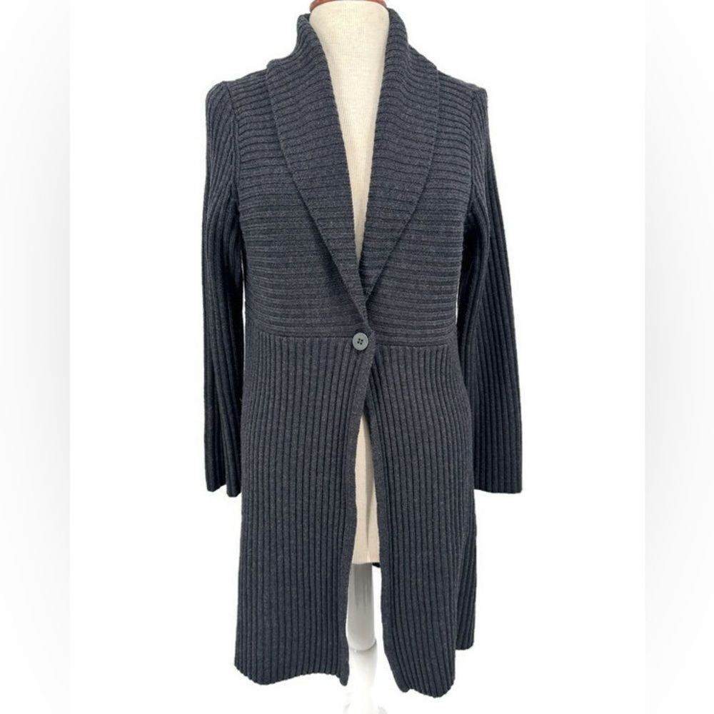 Eileen Fisher Long Merino‎ Wool Ribbed Cardigan Gray Small